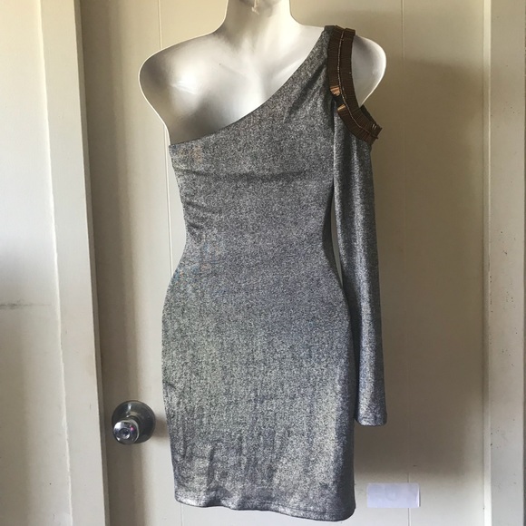 Gorgeous One Shoulder Silver Gold Mini Dress (S) - Picture 5 of 8